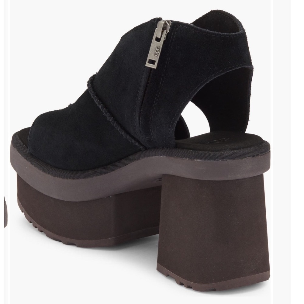 UGG Platform Sandals Womens Black Suede Chunky Block Heel Zip Up Open Toe 10 New - Picture 2 of 11